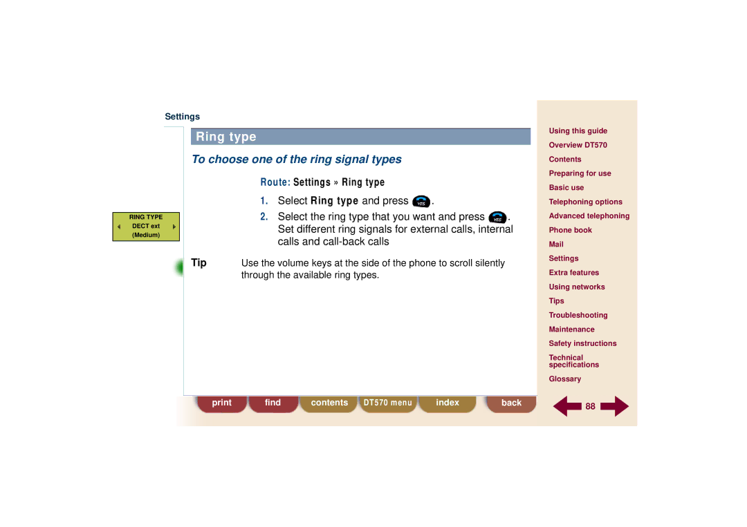 Ericsson DT570 Ring type, To choose one of the ring signal types, Set different ring signals for external calls, internal 