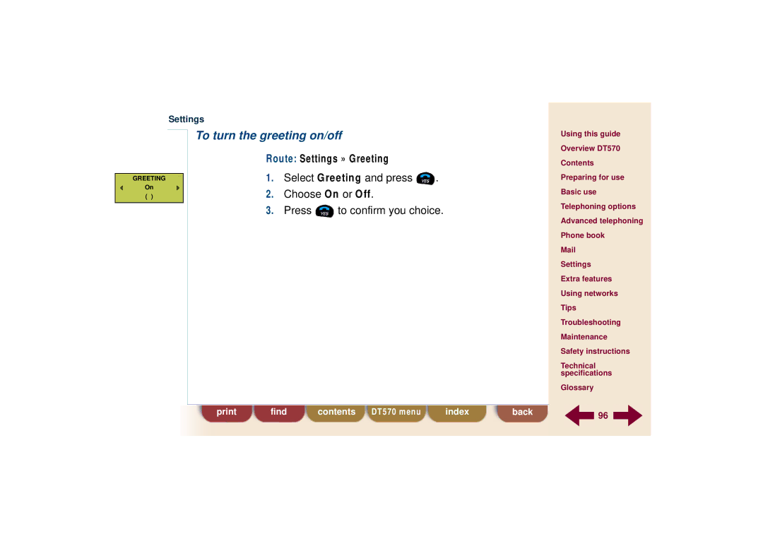 Ericsson DT570 technical specifications To turn the greeting on/off 