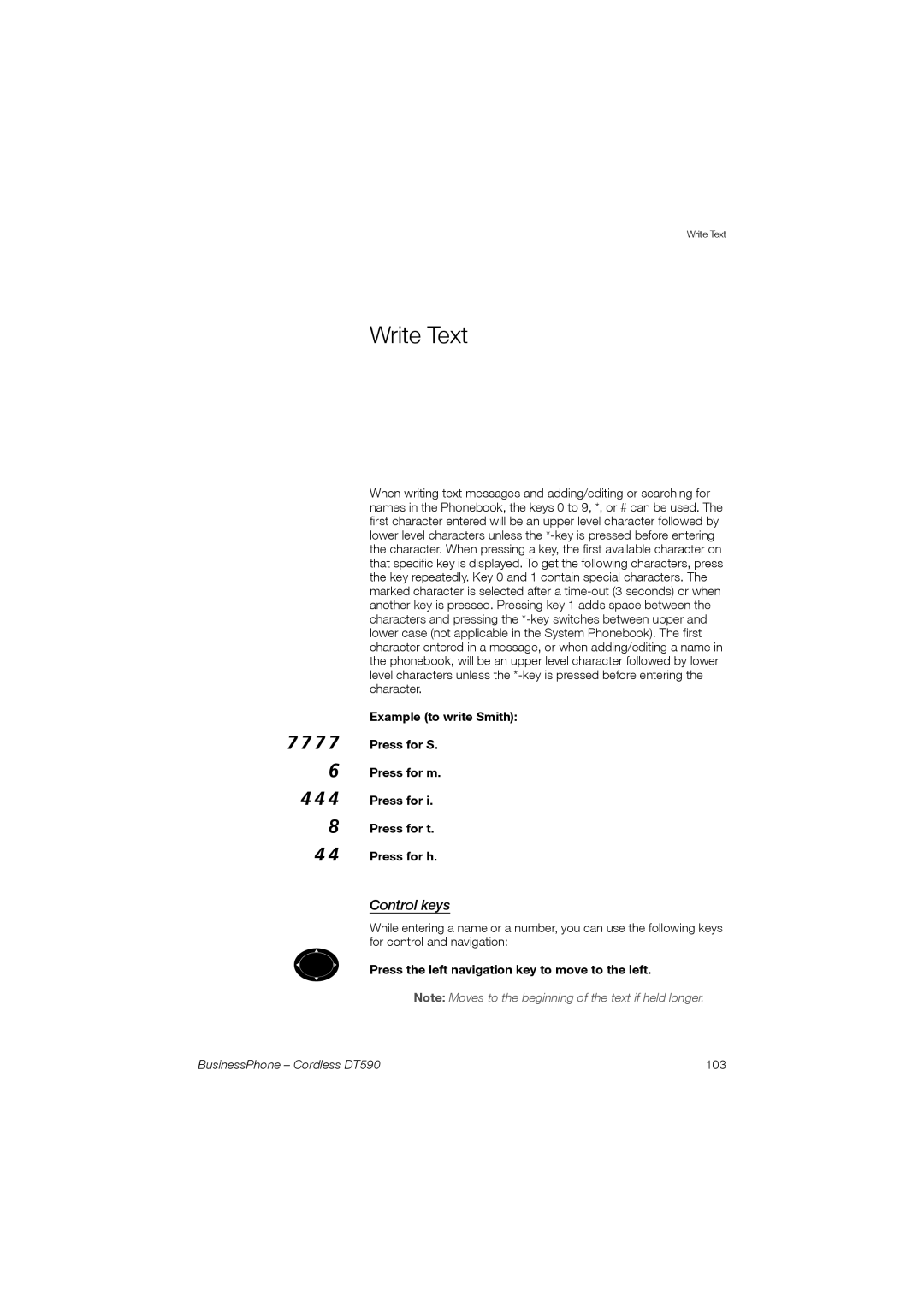 Ericsson DT590 manual Write Text, Control keys, Press the left navigation key to move to the left 