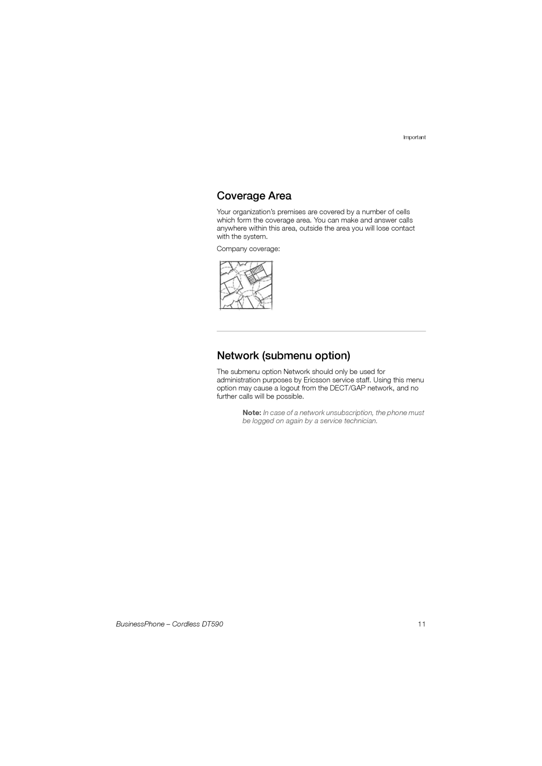 Ericsson DT590 manual Coverage Area, Network submenu option 