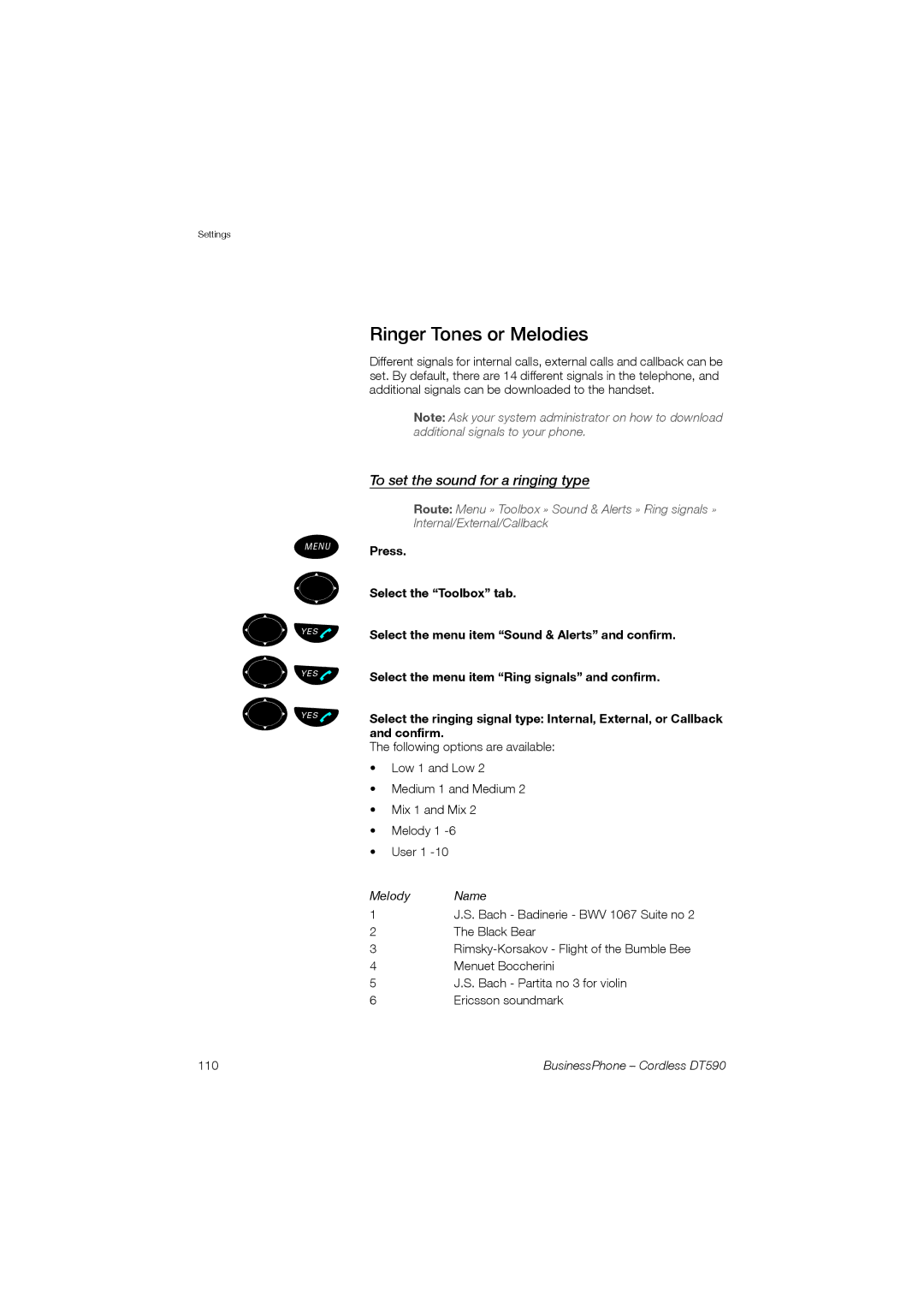 Ericsson DT590 Üû º Üû º Üû, Ringer Tones or Melodies, To set the sound for a ringing type, Press Select the Toolbox tab 