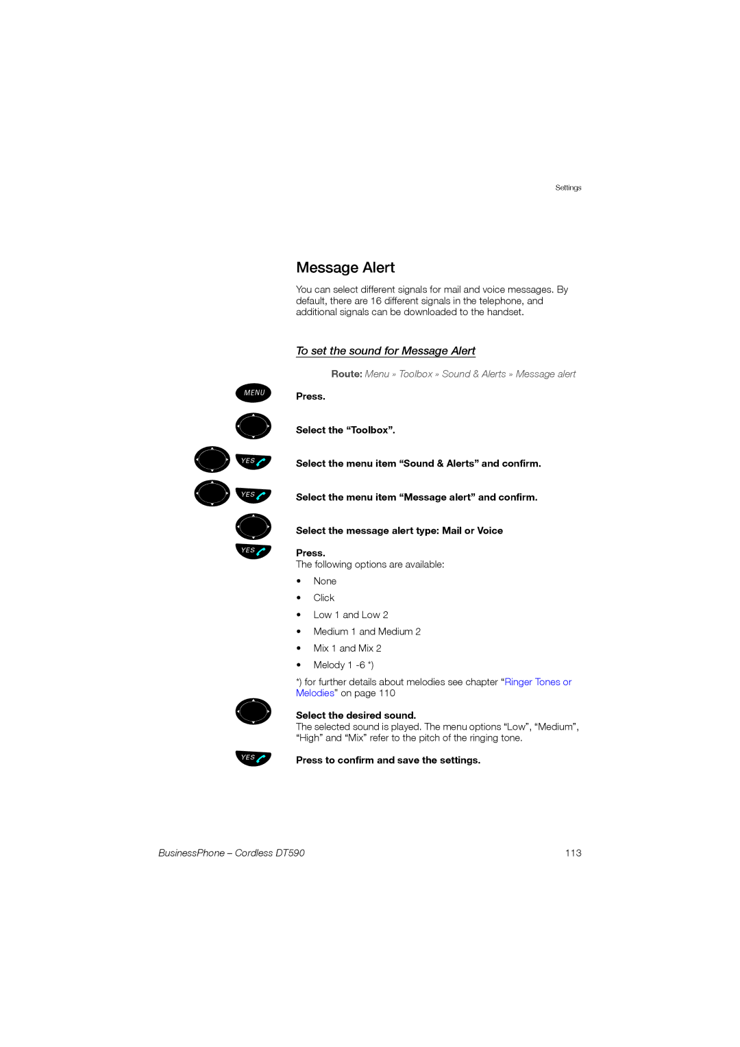 Ericsson DT590 manual To set the sound for Message Alert, Press Select the Toolbox 