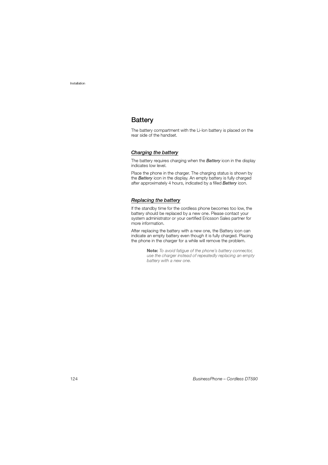 Ericsson DT590 manual Battery, Charging the battery, Replacing the battery 