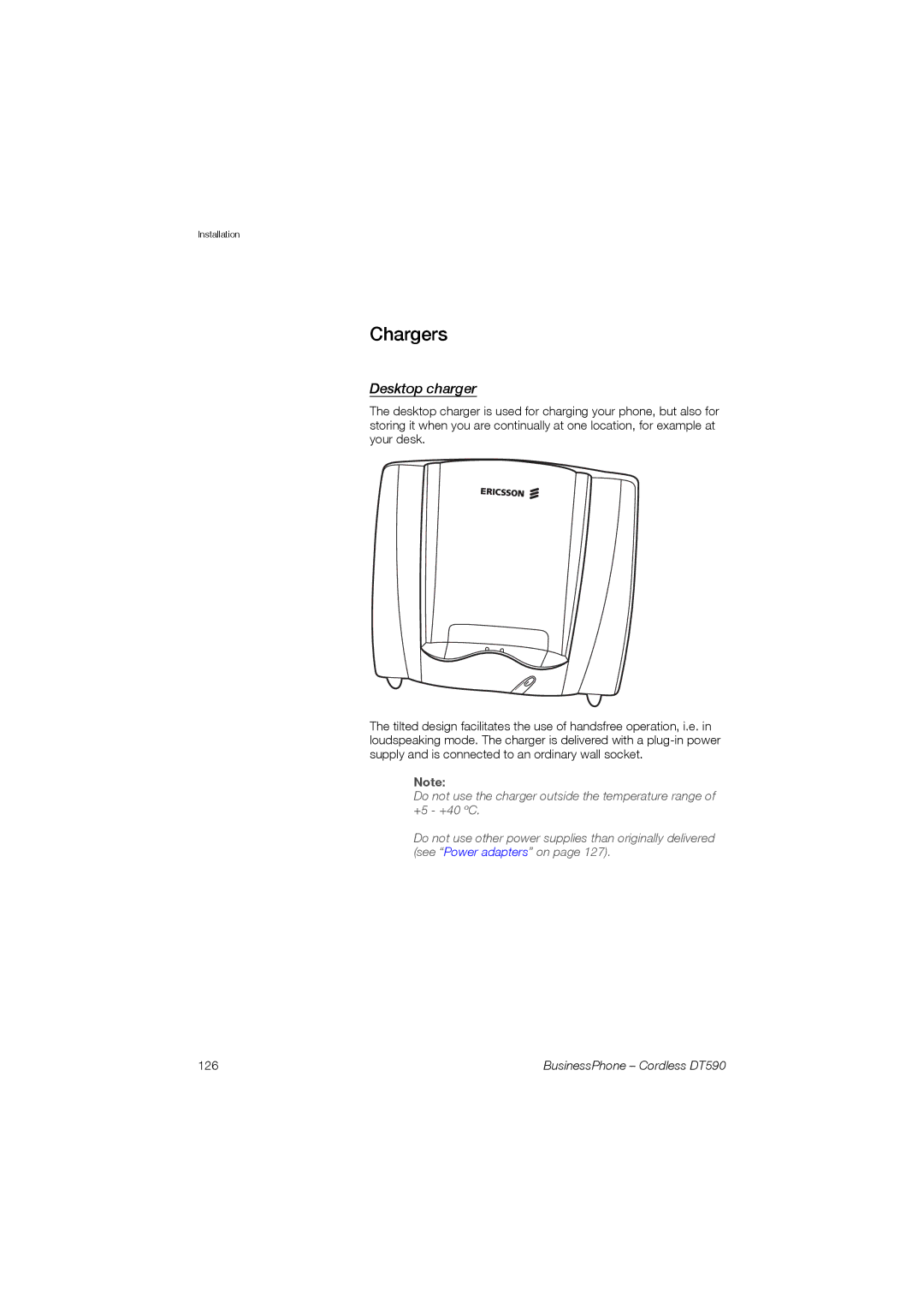 Ericsson DT590 manual Chargers, Desktop charger 