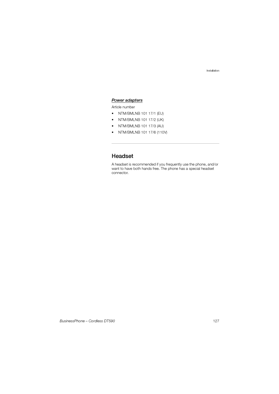 Ericsson DT590 manual Headset, Power adapters 