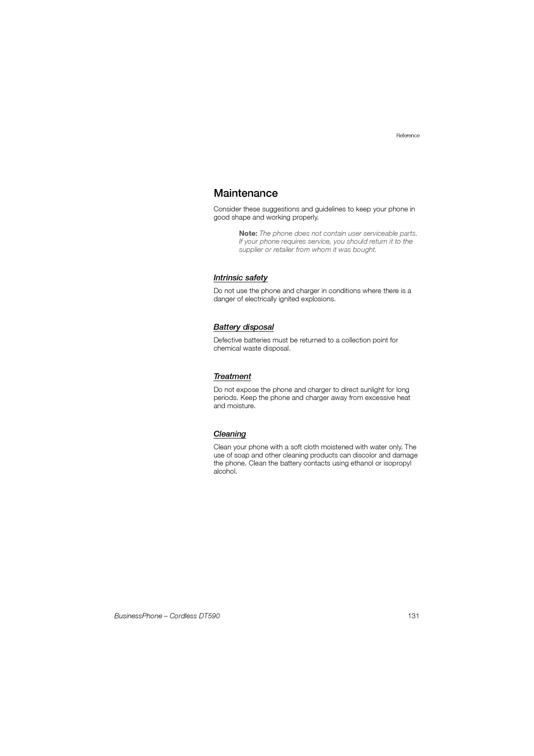 Ericsson DT590 manual Maintenance, Intrinsic safety, Battery disposal, Treatment, Cleaning 