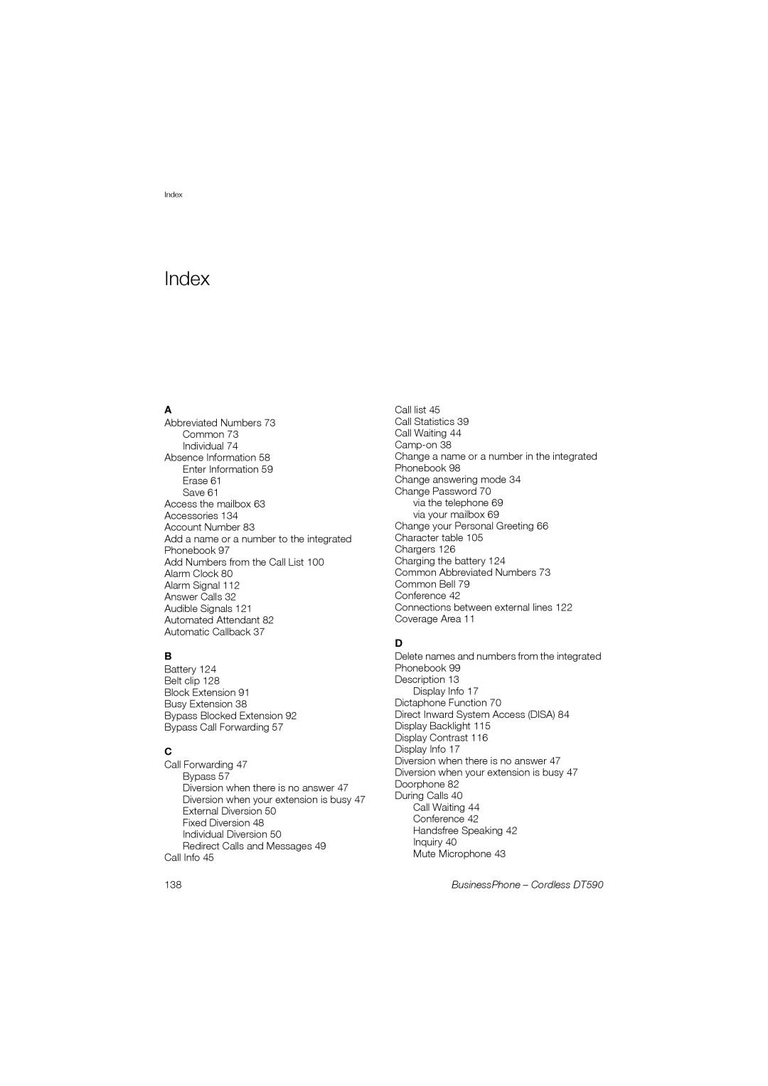 Ericsson DT590 manual Index, 138 