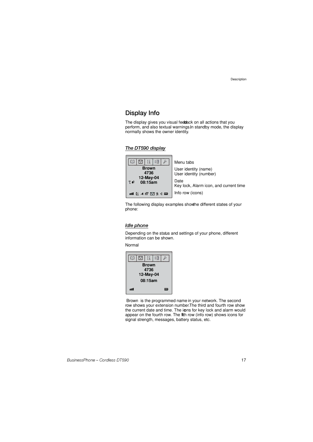 Ericsson manual Display Info, DT590 display, Idle phone, Brown 4736 May-04 0815am 