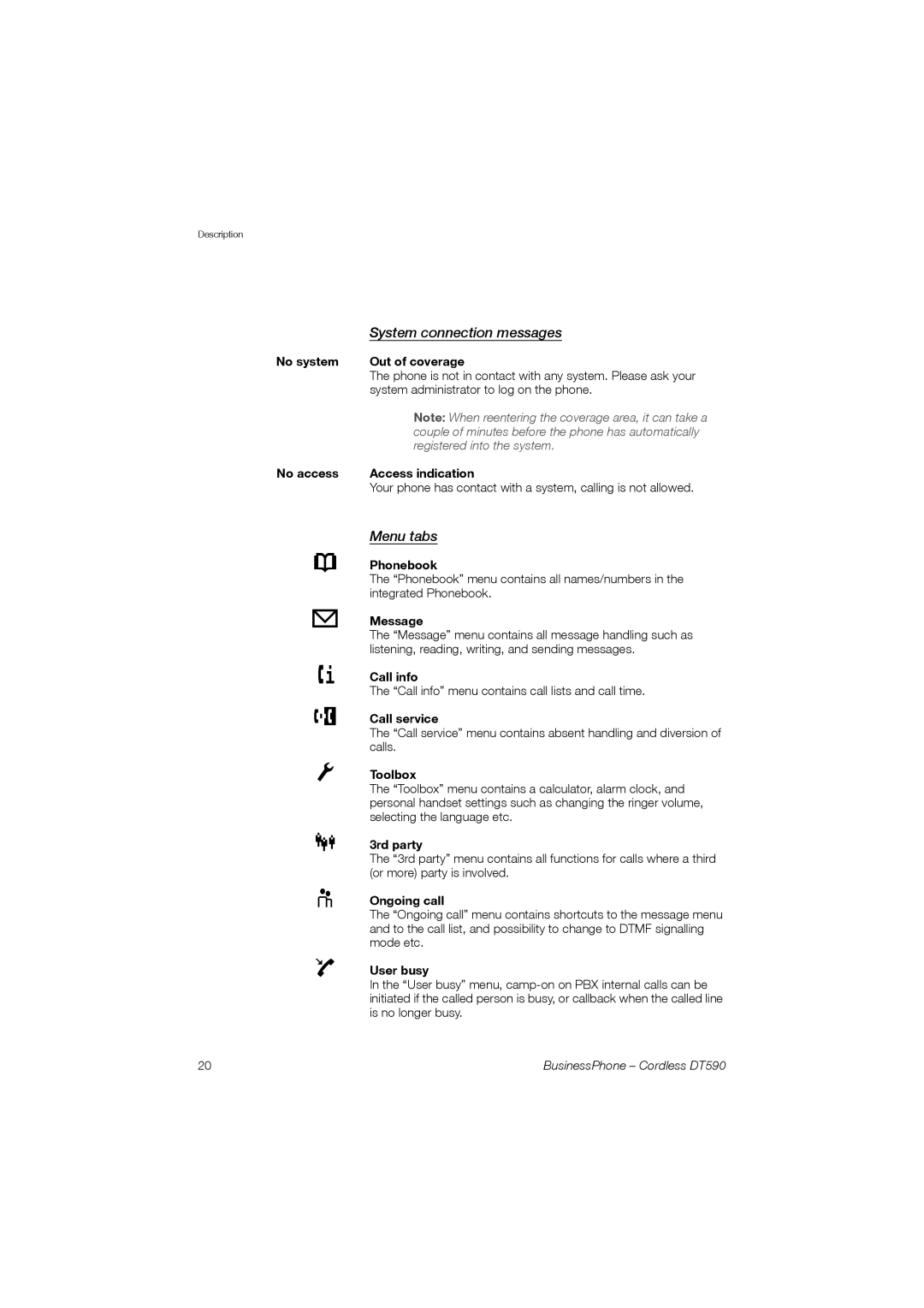 Ericsson DT590 manual Menu tabs 