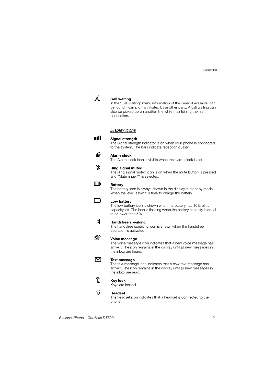 Ericsson DT590 manual Display icons 