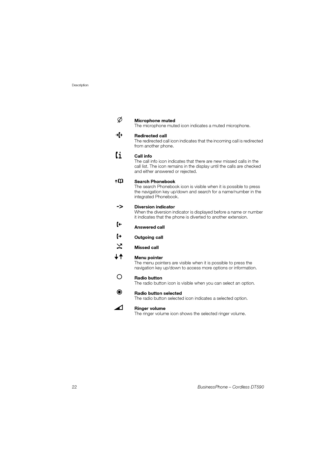 Ericsson DT590 manual Microphone muted, Redirected call, Search Phonebook, Diversion indicator, Radio button, Ringer volume 