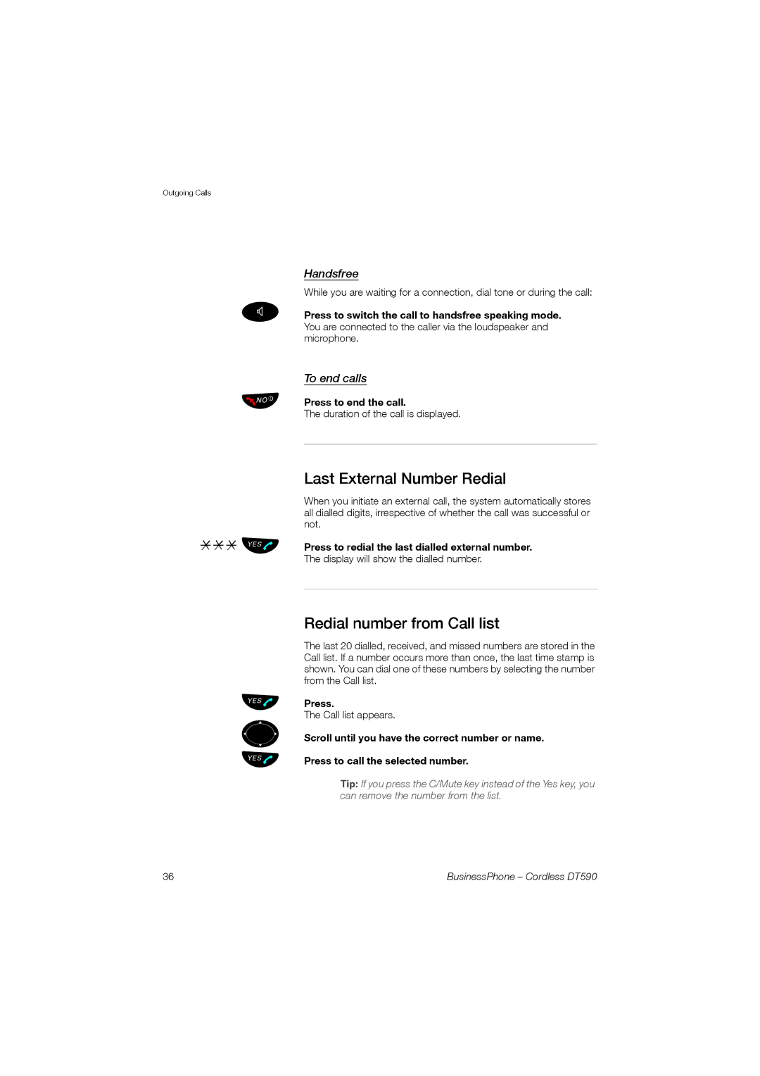 Ericsson DT590 Last External Number Redial, Redial number from Call list, Handsfree, To end calls, Press to end the call 
