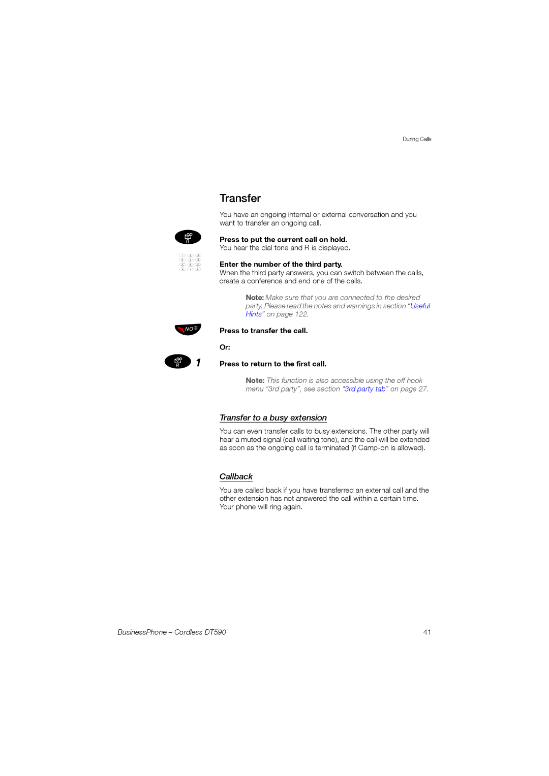 Ericsson DT590 manual Transfer to a busy extension, Callback 