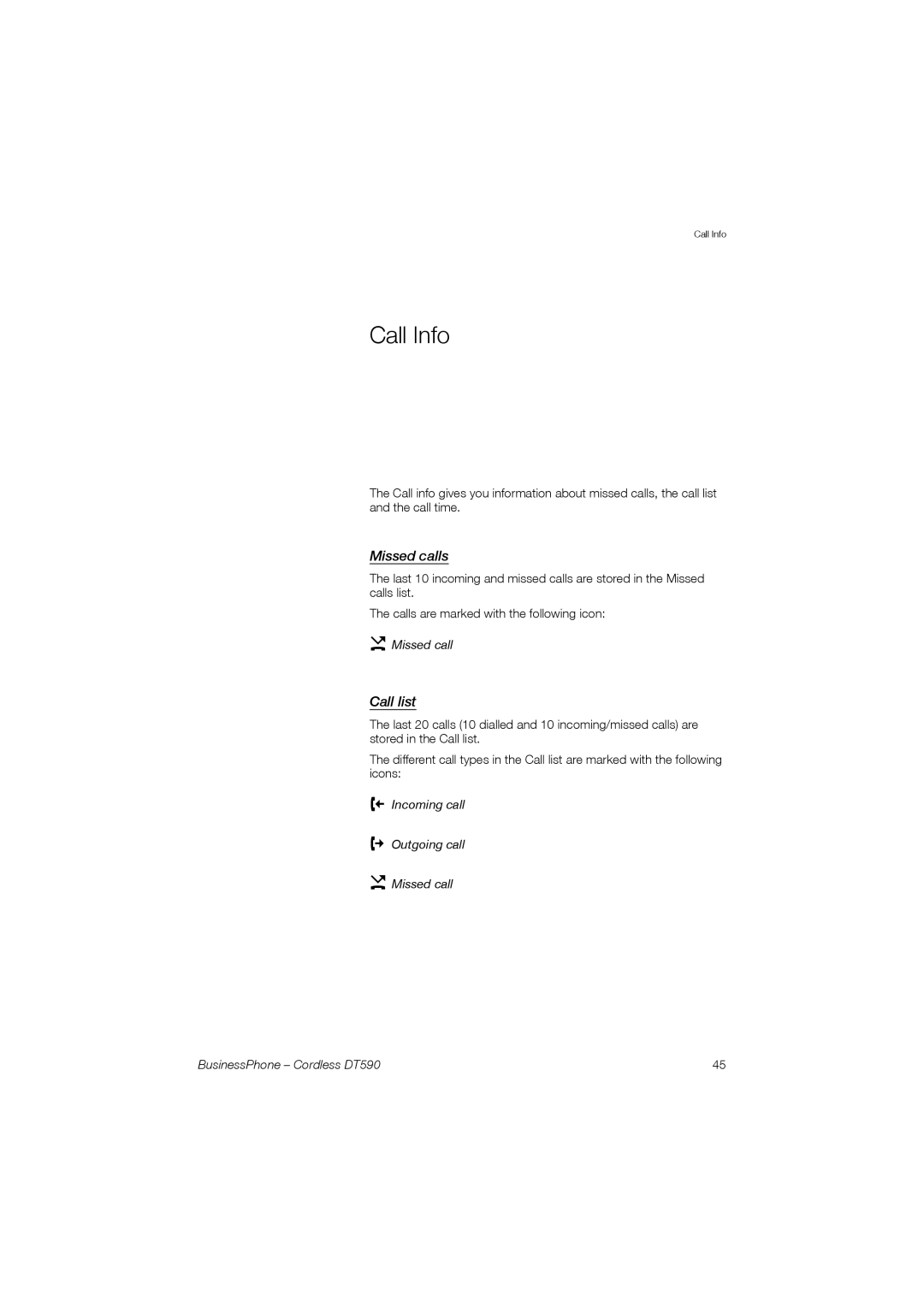 Ericsson DT590 manual Call Info, Missed calls, Call list 