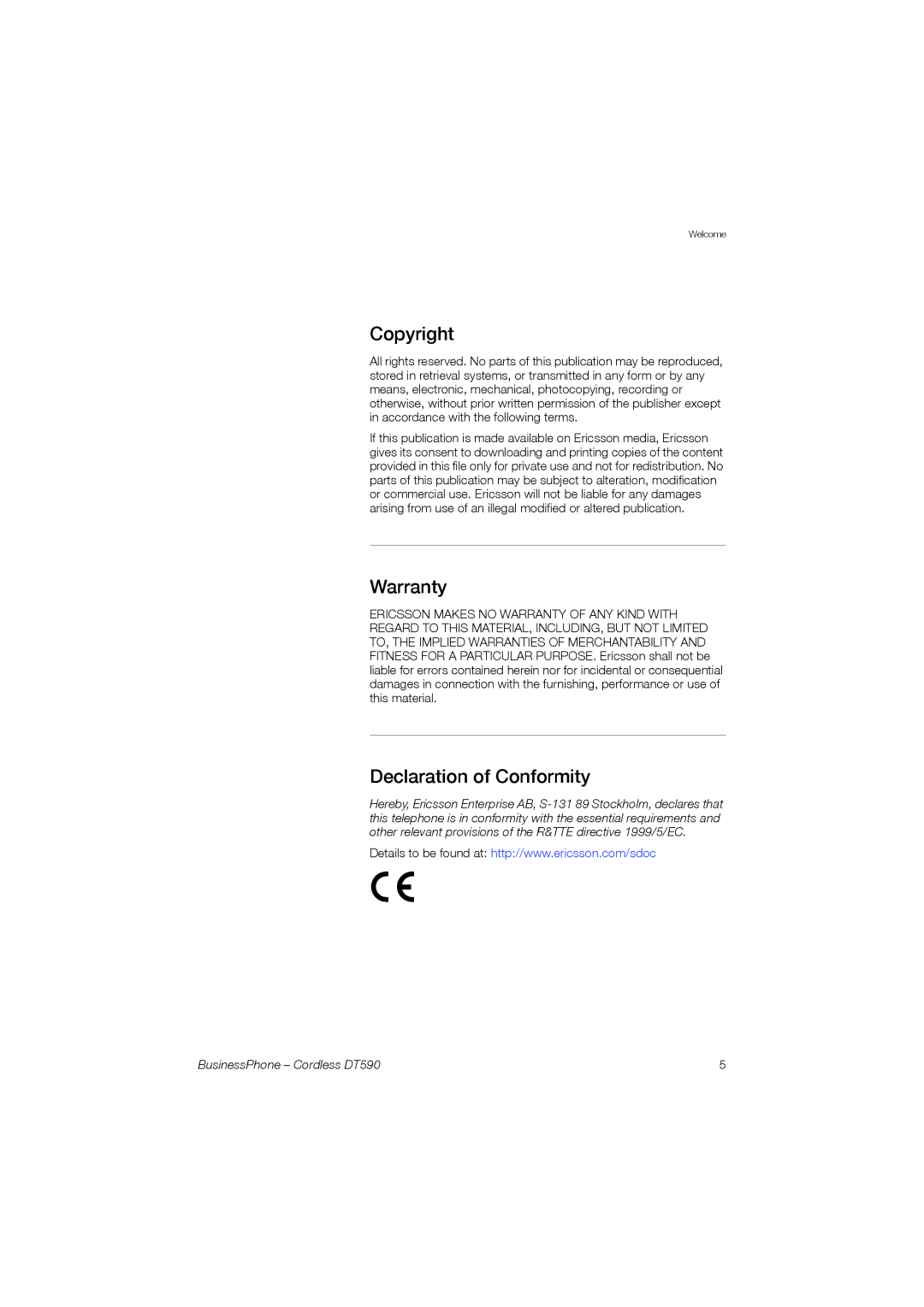 Ericsson DT590 manual Copyright, Warranty, Declaration of Conformity 