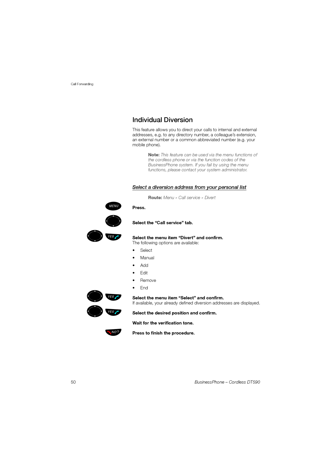 Ericsson DT590 manual Üº Üû, Individual Diversion, Select a diversion address from your personal list 