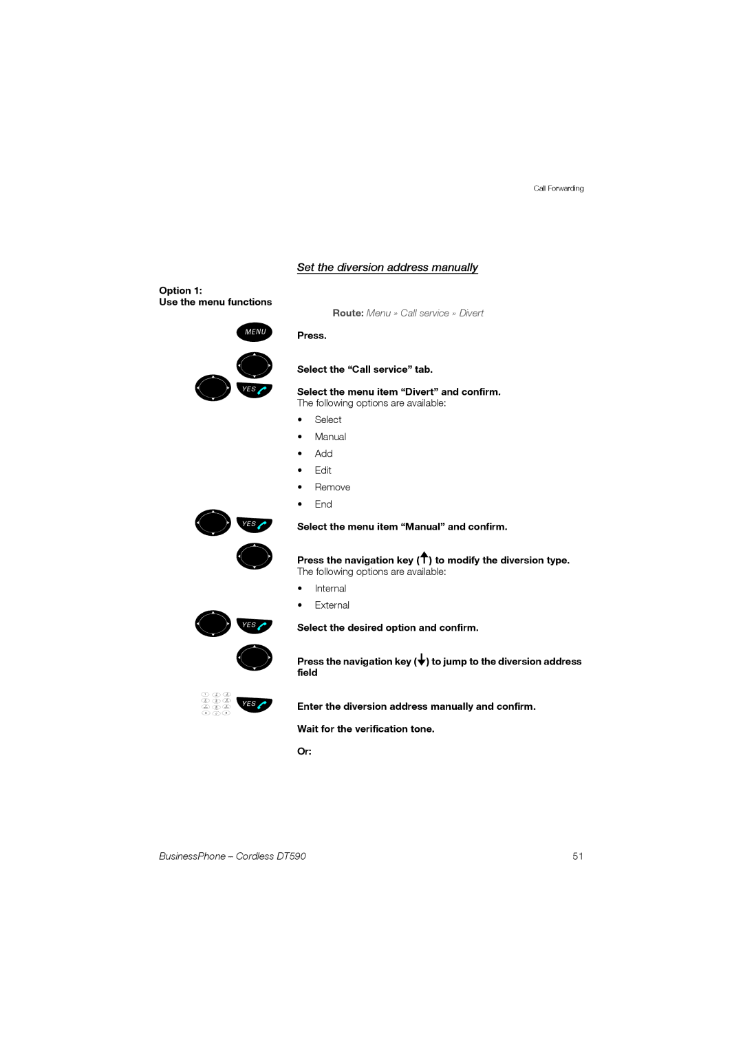 Ericsson DT590 Set the diversion address manually, Option Use the menu functions 