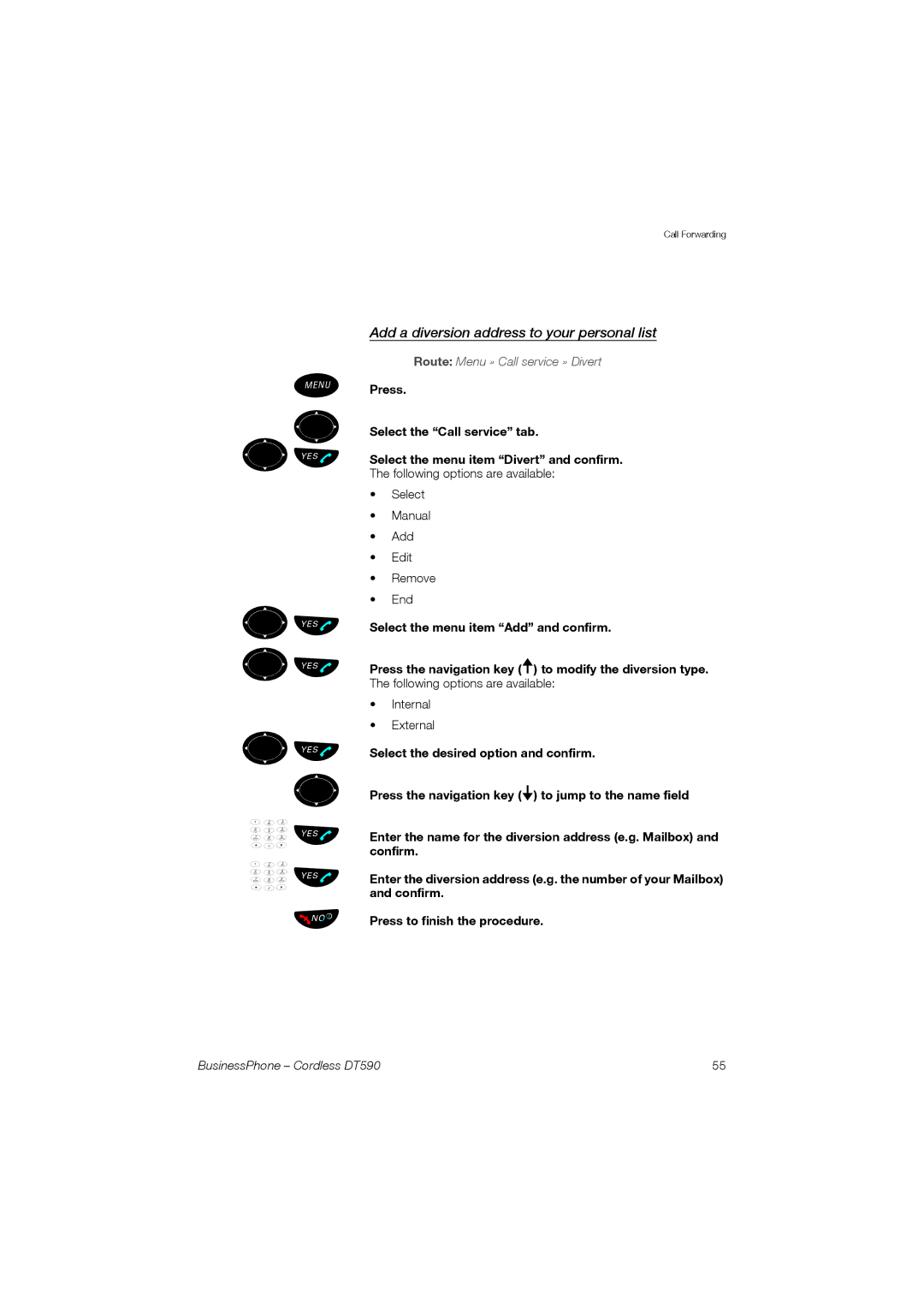 Ericsson DT590 manual ¿ Üû ¿ Üû Úüù, Add a diversion address to your personal list 