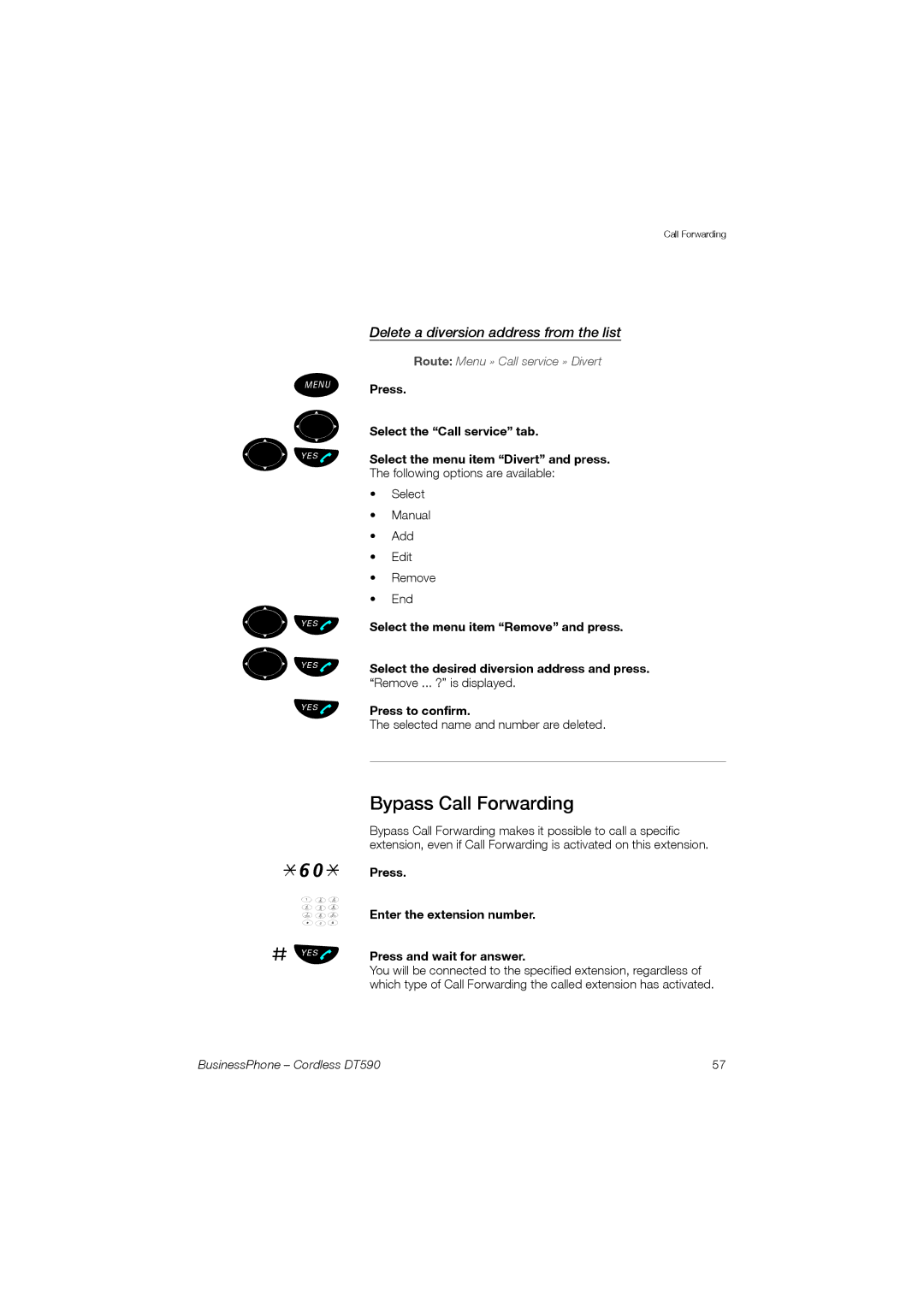 Ericsson DT590 manual Üû º Üû Üû # Üû, Bypass Call Forwarding, Delete a diversion address from the list 