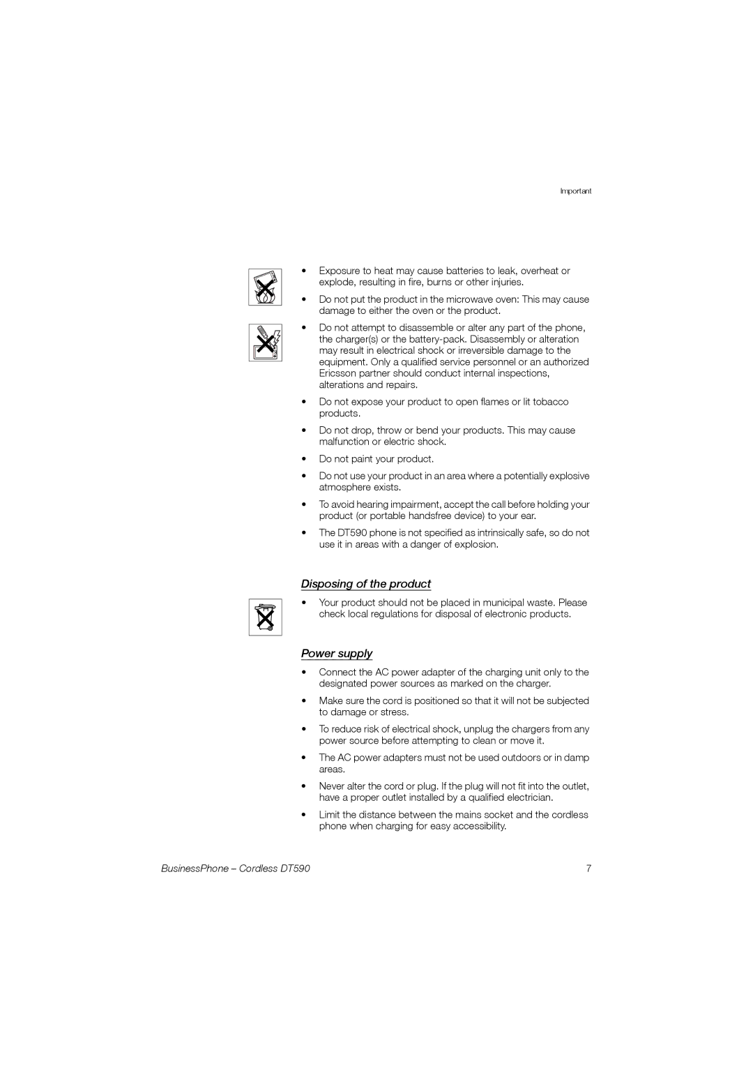 Ericsson DT590 manual Disposing of the product, Power supply 