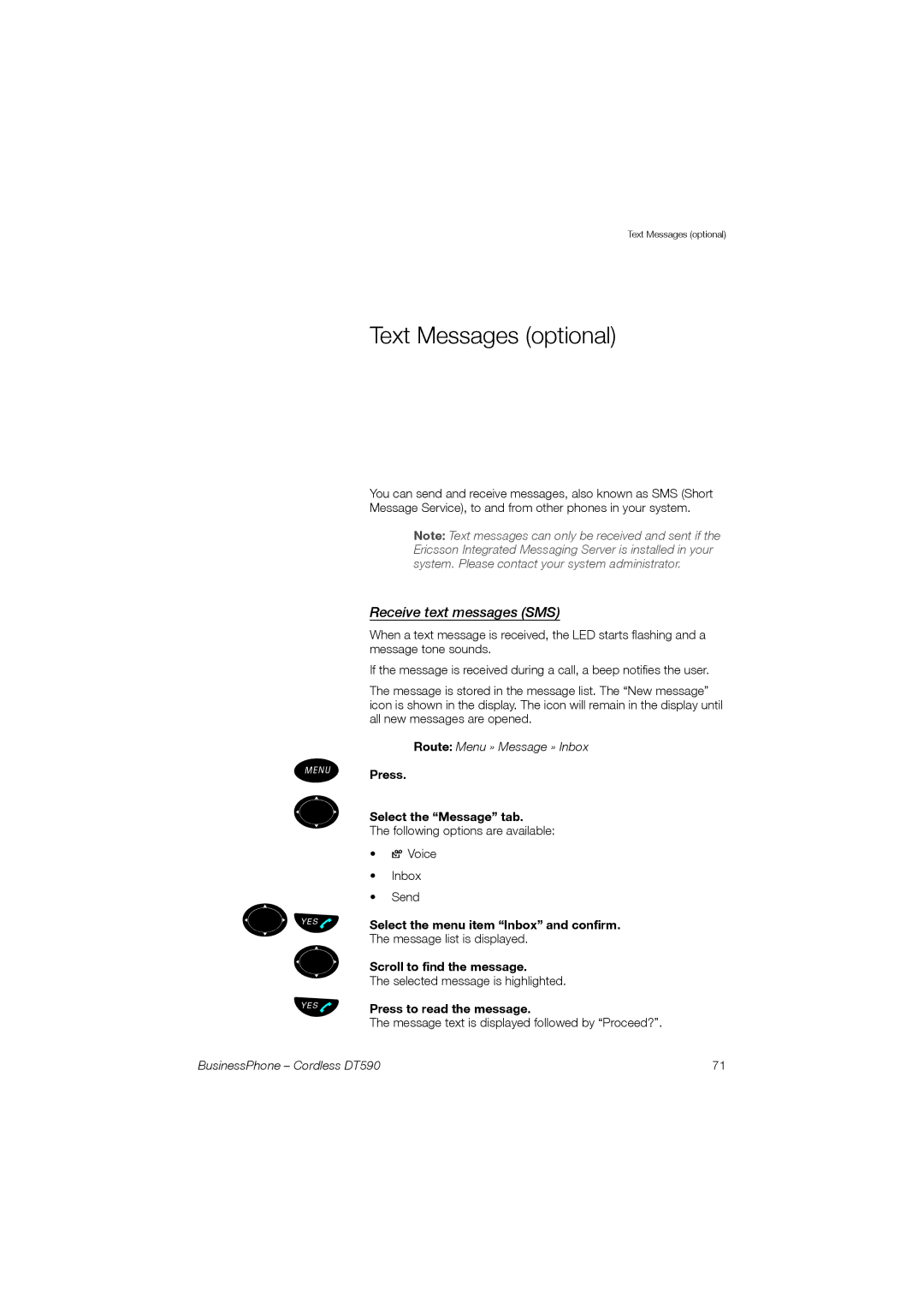 Ericsson DT590 manual Text Messages optional, Receive text messages SMS 