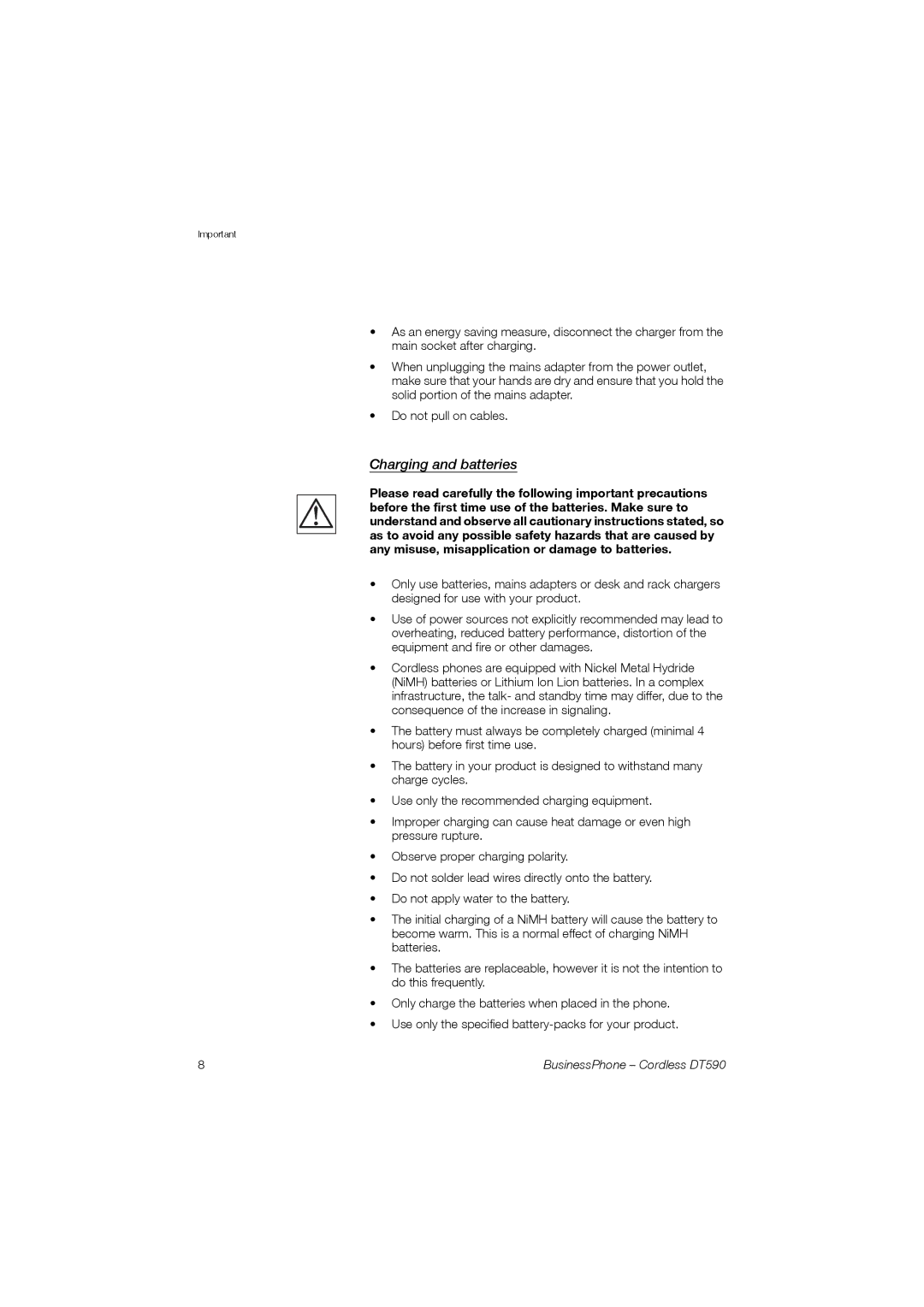 Ericsson DT590 manual Charging and batteries 