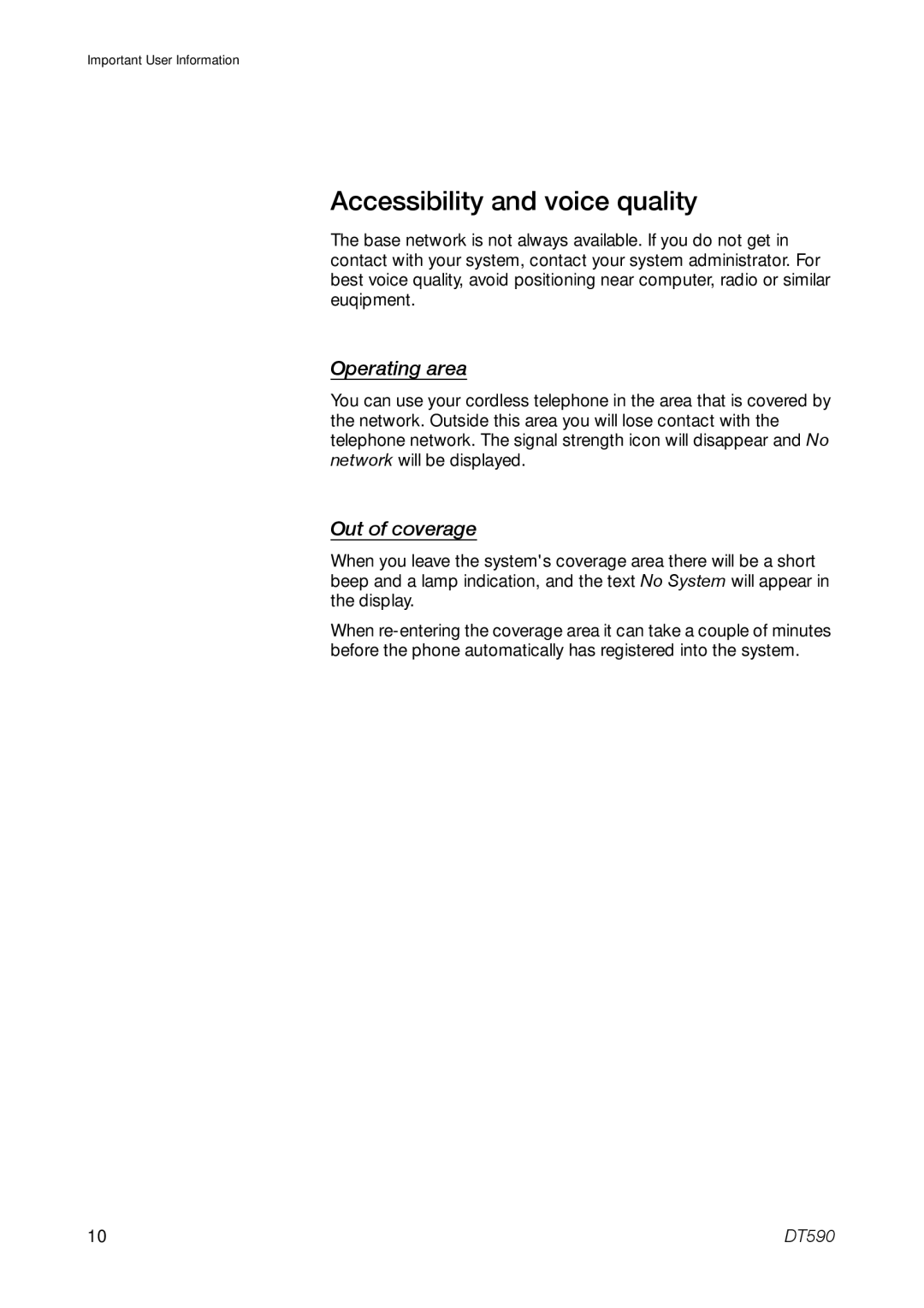 Ericsson DT59C manual Accessibility and voice quality, Operating area, Out of coverage 