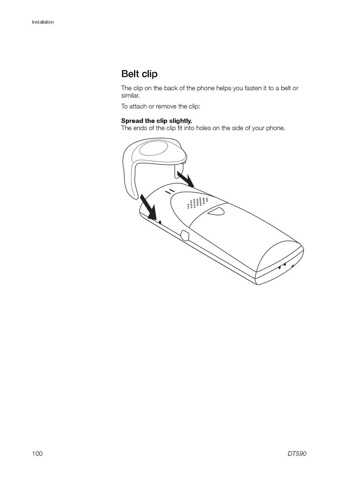 Ericsson DT59C manual Belt clip, Spread the clip slightly 