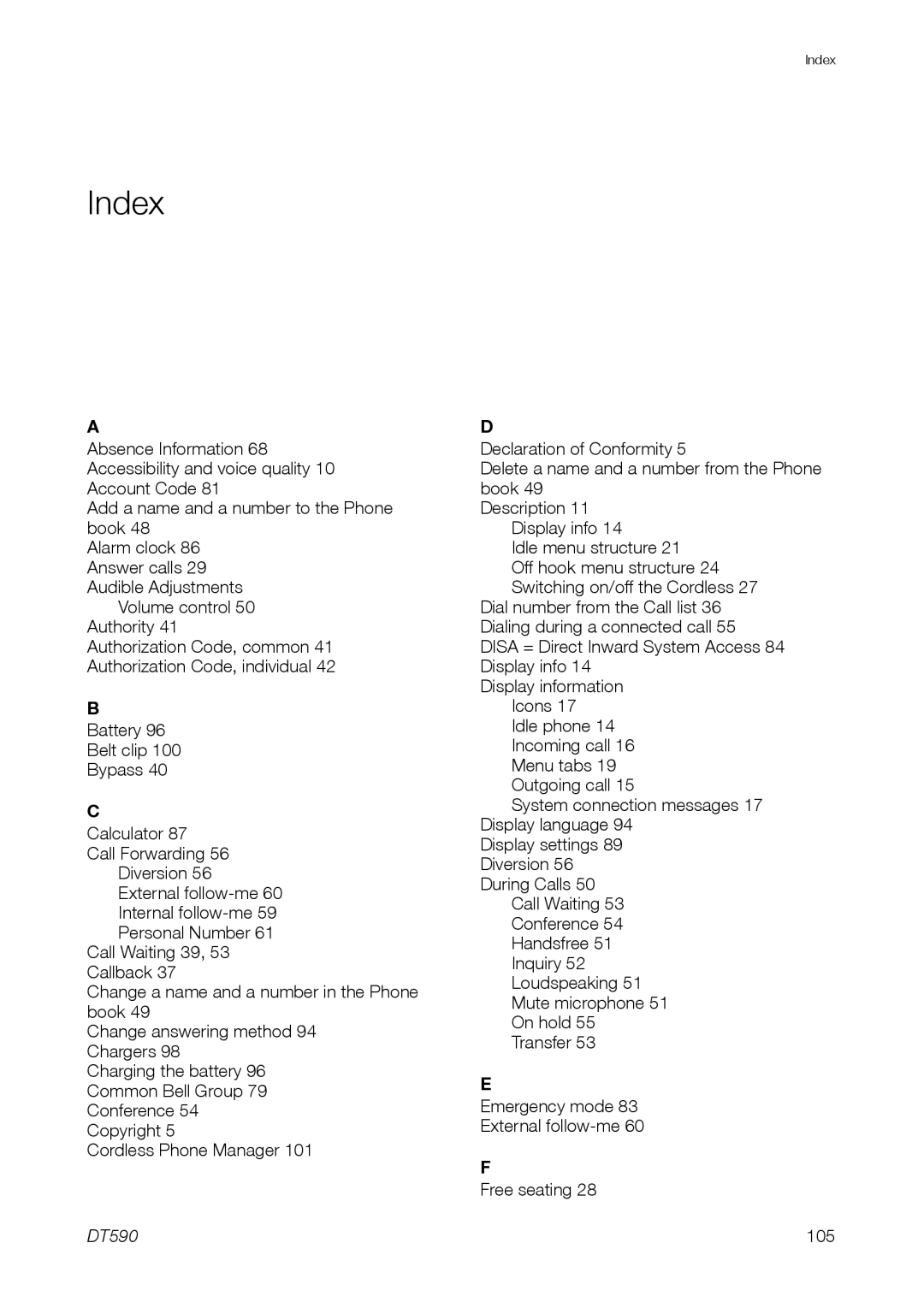 Ericsson DT59C manual Index, DT590 105 