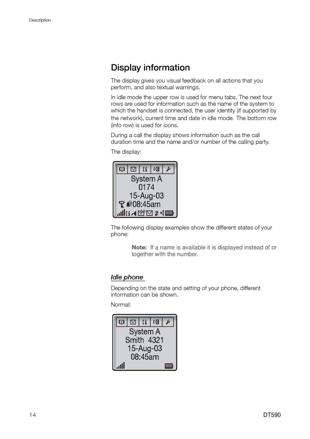 Ericsson DT59C manual Display information, Idle phone 