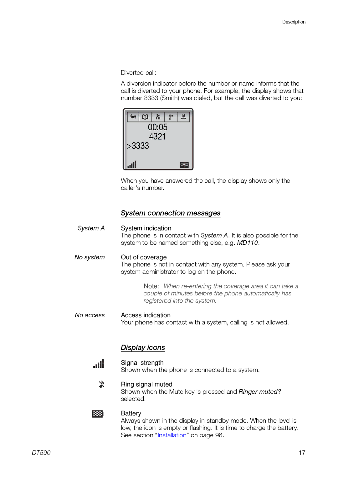 Ericsson DT59C manual System connection messages, Display icons 