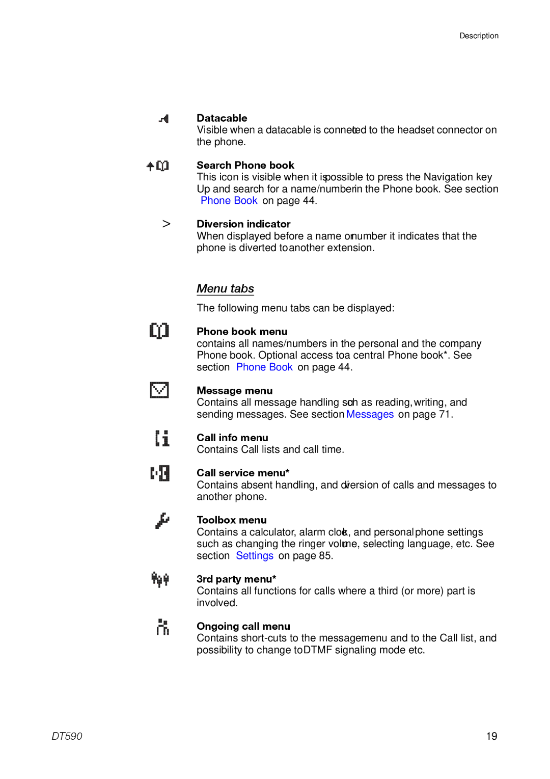 Ericsson DT59C manual Menu tabs 