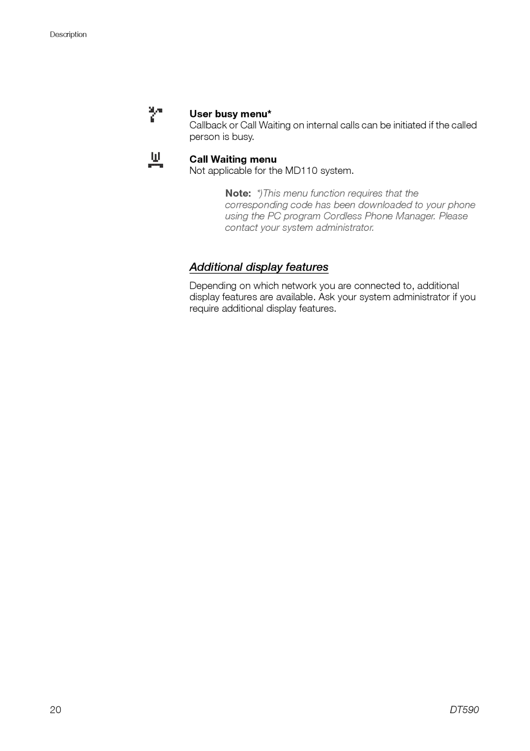 Ericsson DT59C manual Additional display features, User busy menu, Call Waiting menu 