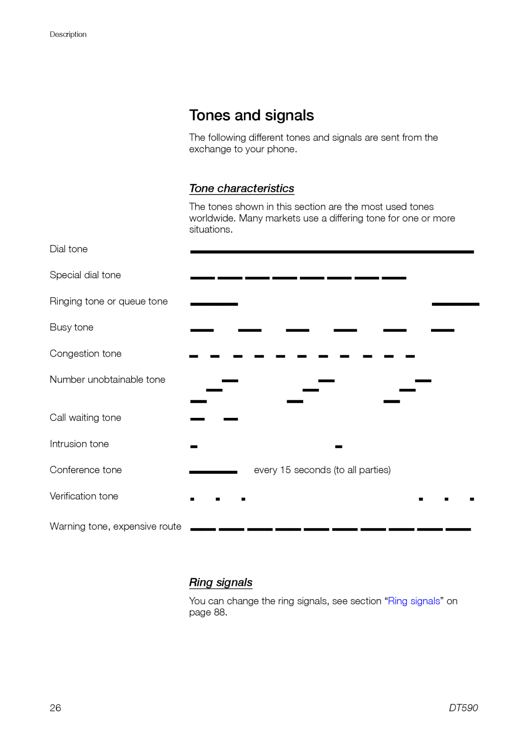 Ericsson DT59C manual Tones and signals, Tone characteristics, Ring signals 