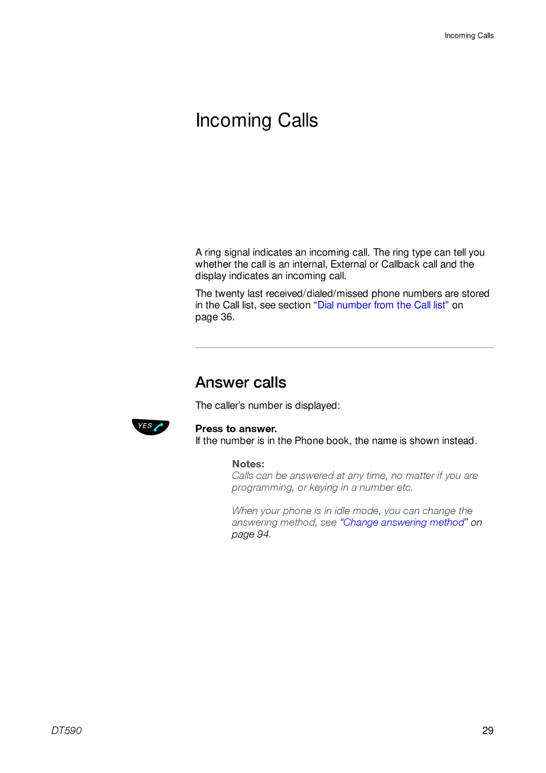 Ericsson DT59C manual Incoming Calls, Answer calls 