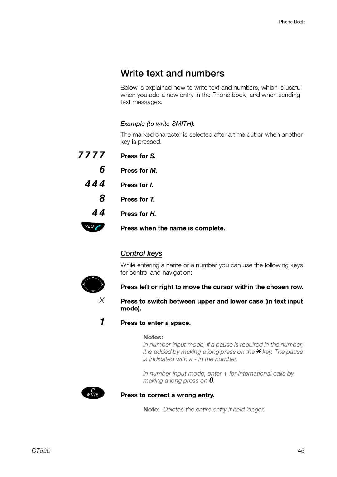 Ericsson DT59C manual Write text and numbers, Control keys, Press to correct a wrong entry 