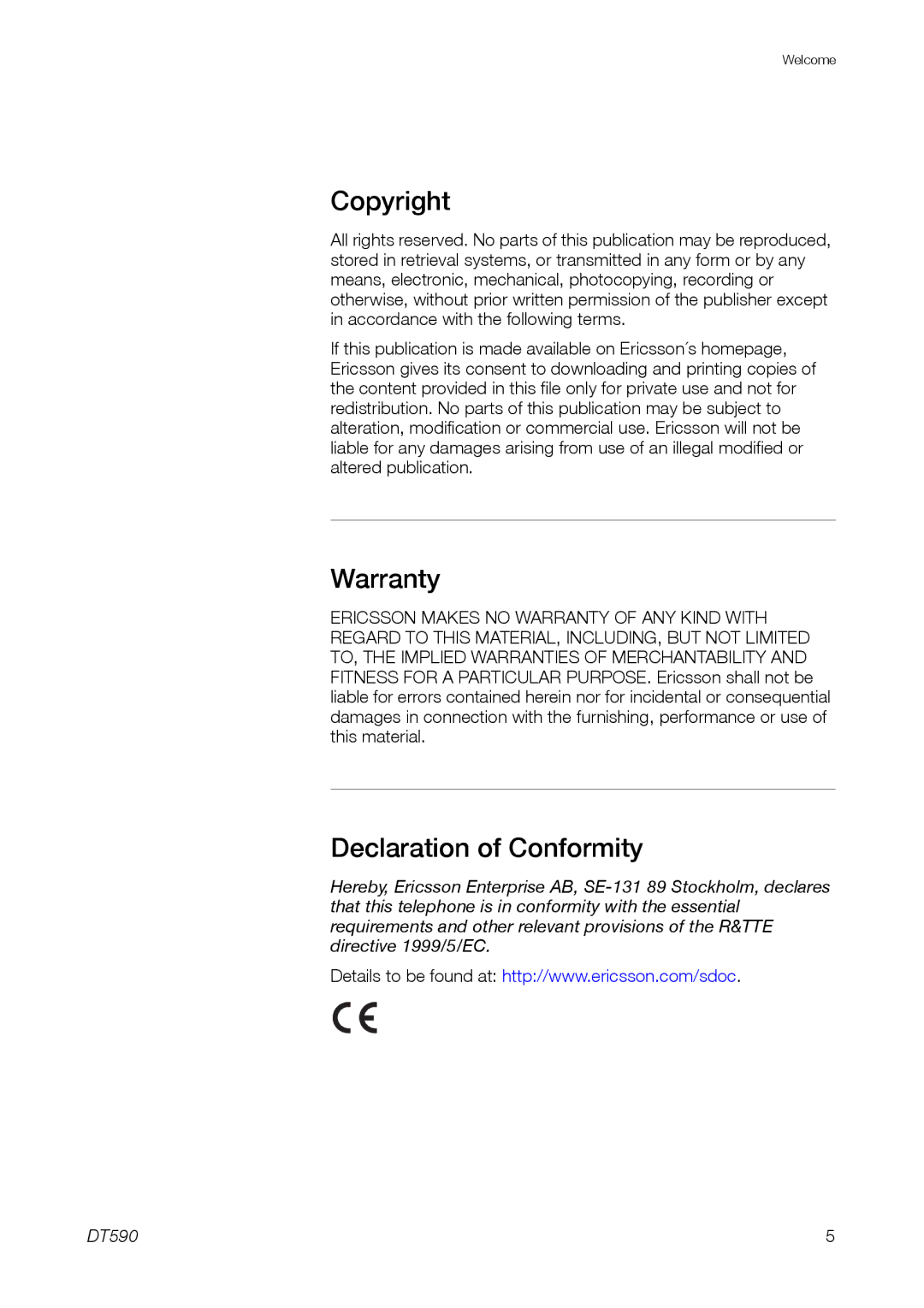 Ericsson DT59C manual Copyright, Warranty, Declaration of Conformity 