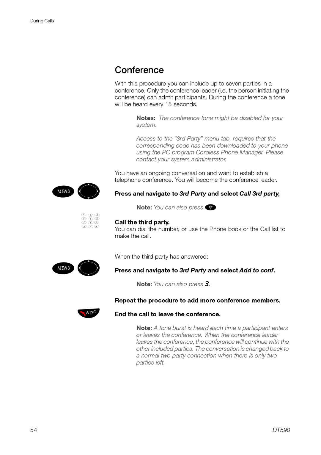 Ericsson DT59C manual Conference, When the third party has answered, Press and navigate to 3rd Party and select Add to conf 