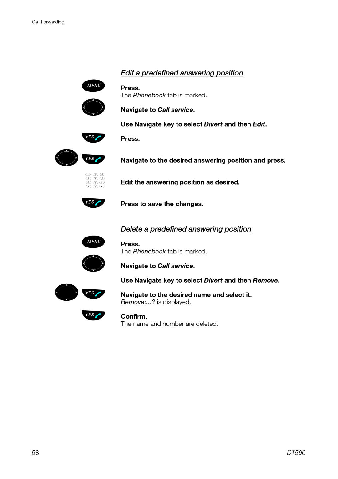 Ericsson DT59C manual Edit a predefined answering position, Delete a predefined answering position 