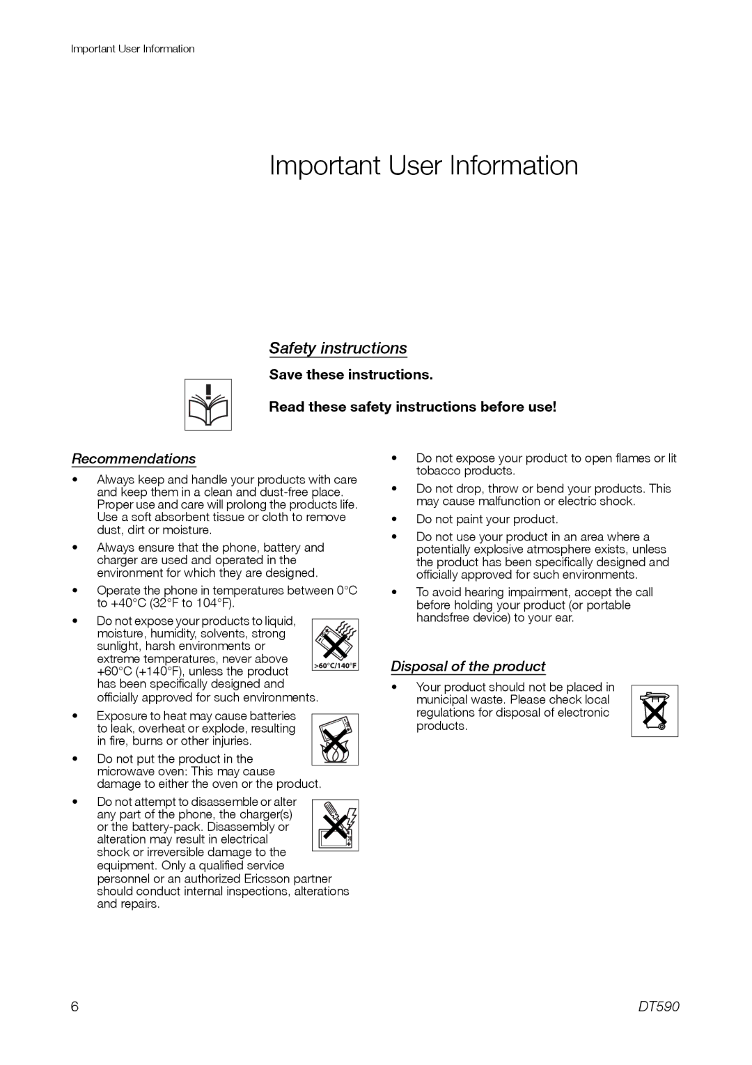 Ericsson DT59C manual Important User Information, Safety instructions, Read these safety instructions before use 