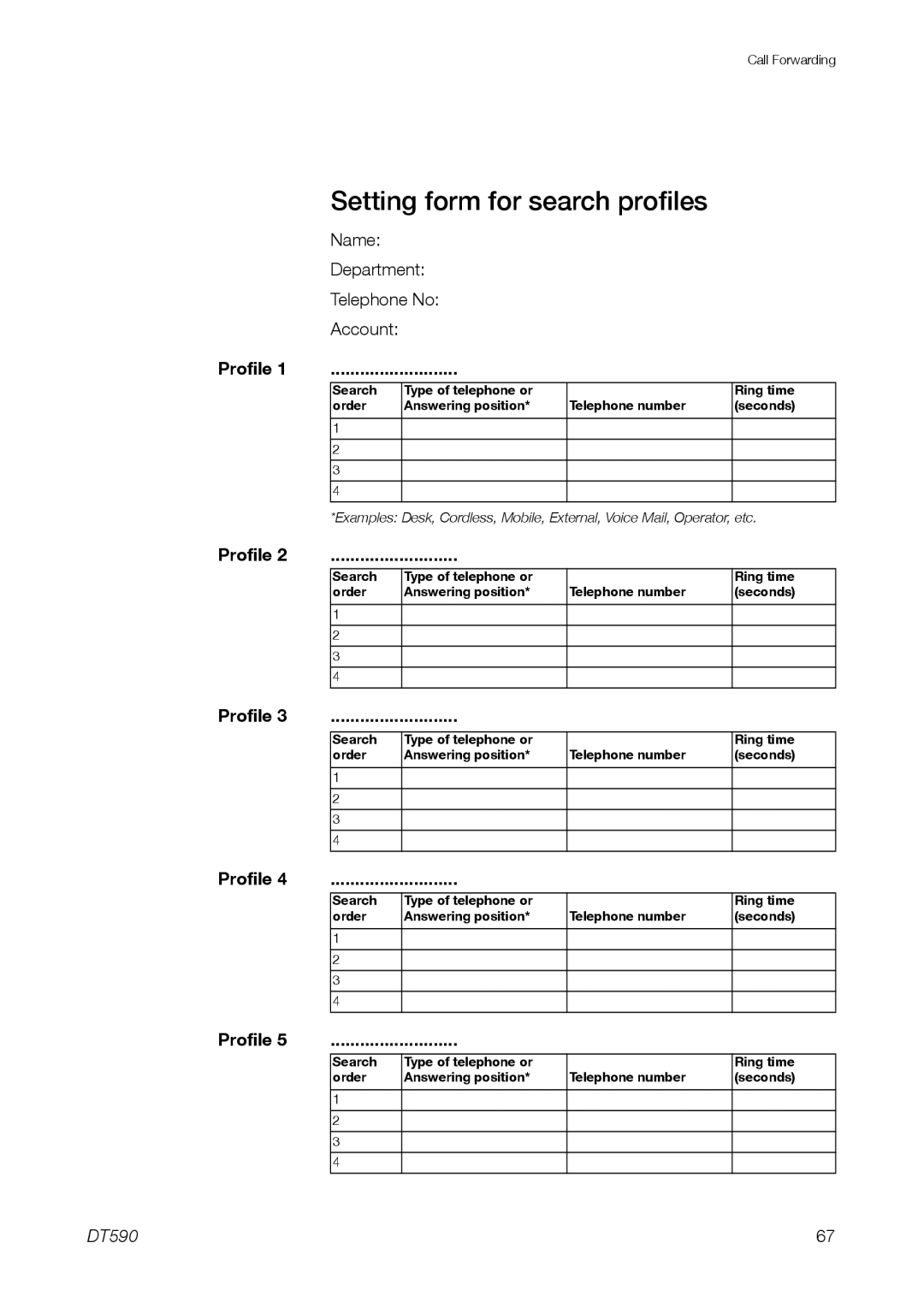 Ericsson DT59C manual Setting form for search profiles 