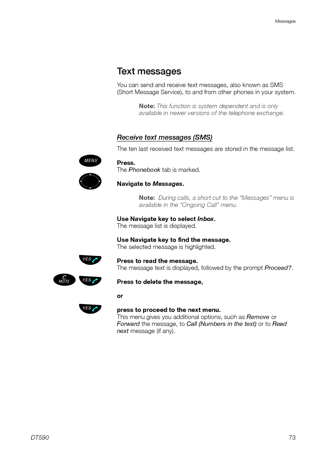 Ericsson DT59C manual Text messages, Receive text messages SMS, Navigate to Messages Use Navigate key to select Inbox 