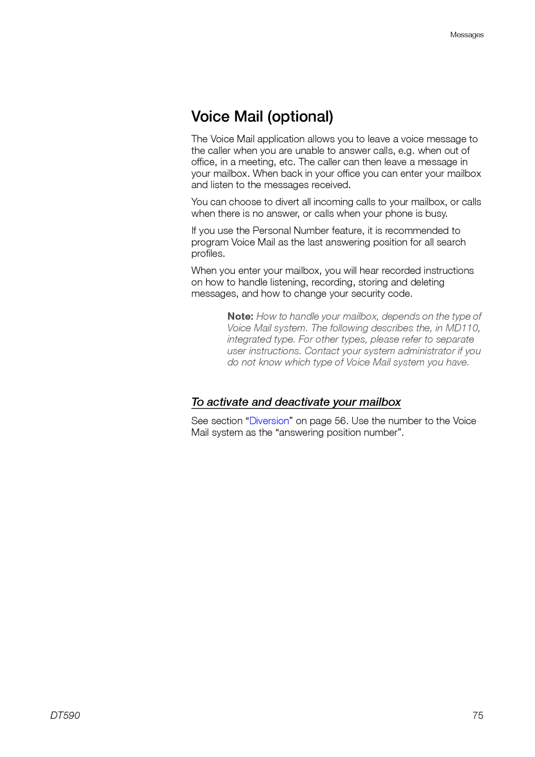 Ericsson DT59C manual Voice Mail optional, To activate and deactivate your mailbox 