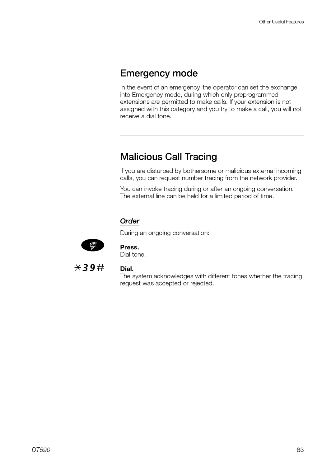 Ericsson DT59C manual 39#, Emergency mode, Malicious Call Tracing, Dial 