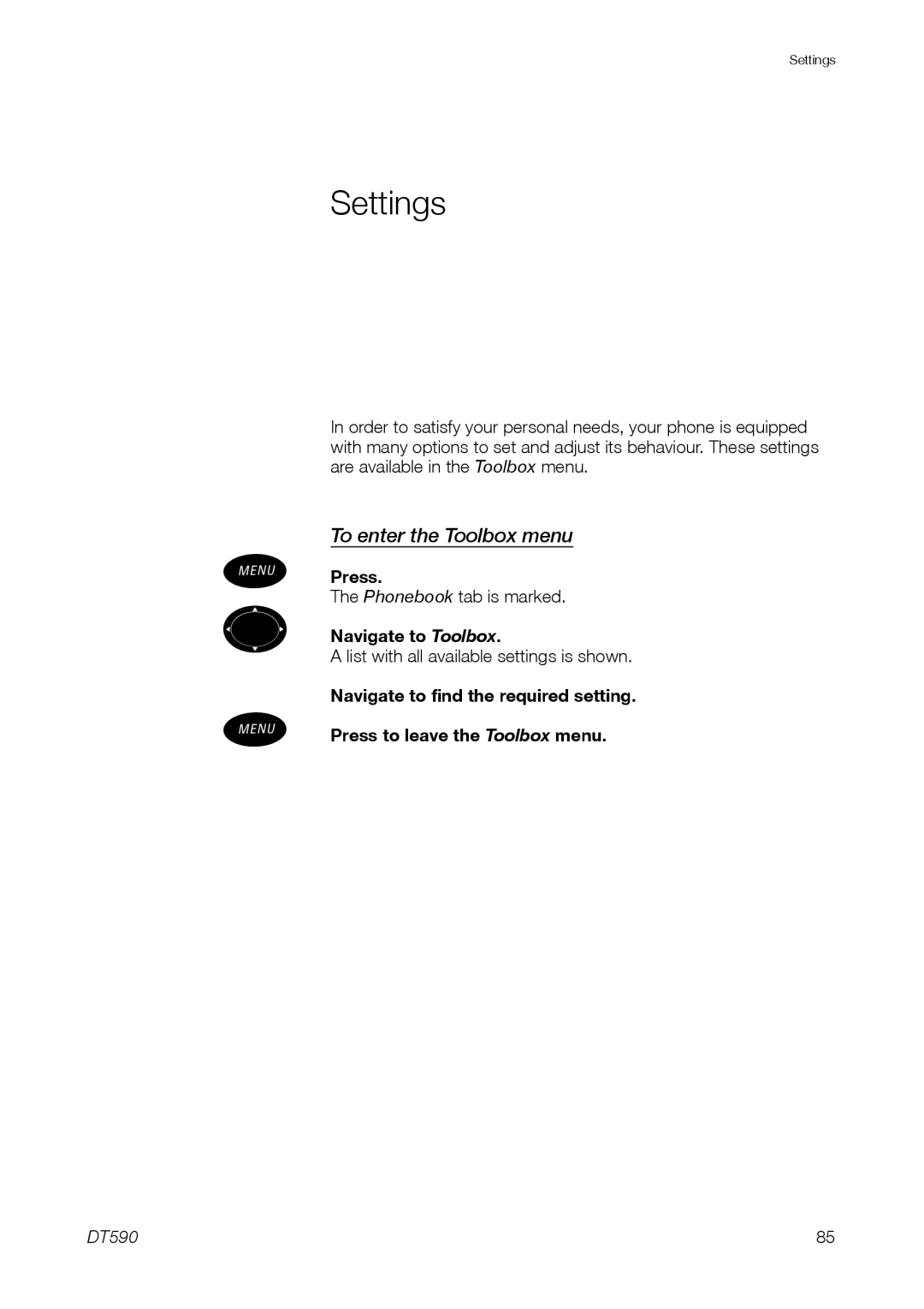 Ericsson DT59C manual Settings, To enter the Toolbox menu, Navigate to Toolbox 