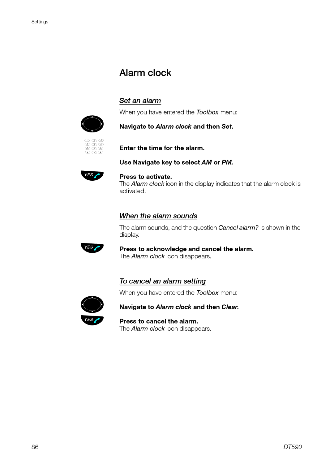 Ericsson DT59C manual Alarm clock, Set an alarm, When the alarm sounds, To cancel an alarm setting 