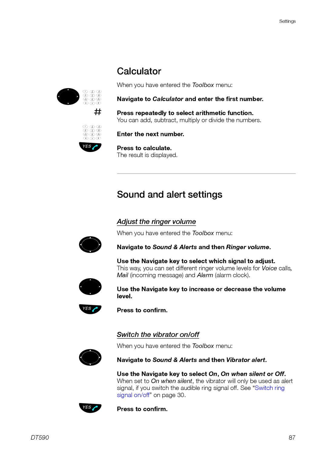 Ericsson DT59C manual Calculator, Sound and alert settings, Adjust the ringer volume, Switch the vibrator on/off 