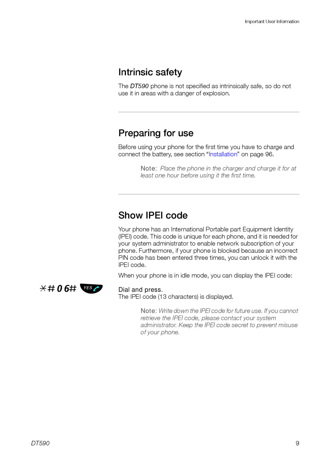 Ericsson DT59C manual Intrinsic safety, Preparing for use 