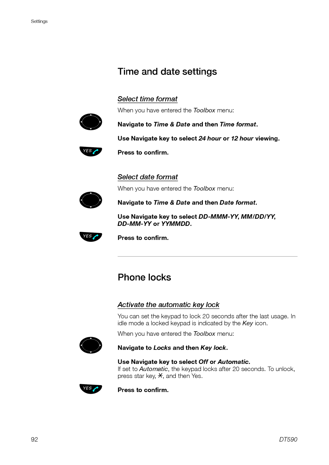 Ericsson DT59C Phone locks, Select date format, Activate the automatic key lock, When you have entered the Toolbox menu 