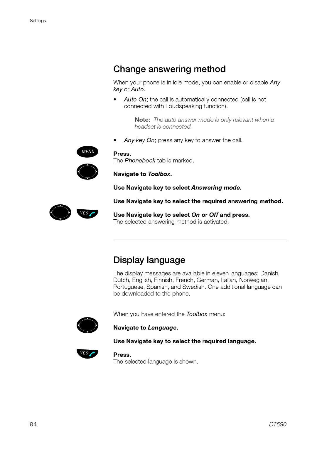 Ericsson DT59C manual Change answering method, Display language 